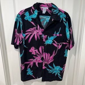 70's Sea Wind Mens Hawaiian button up Shirt Size XL black/pink/green made in USA